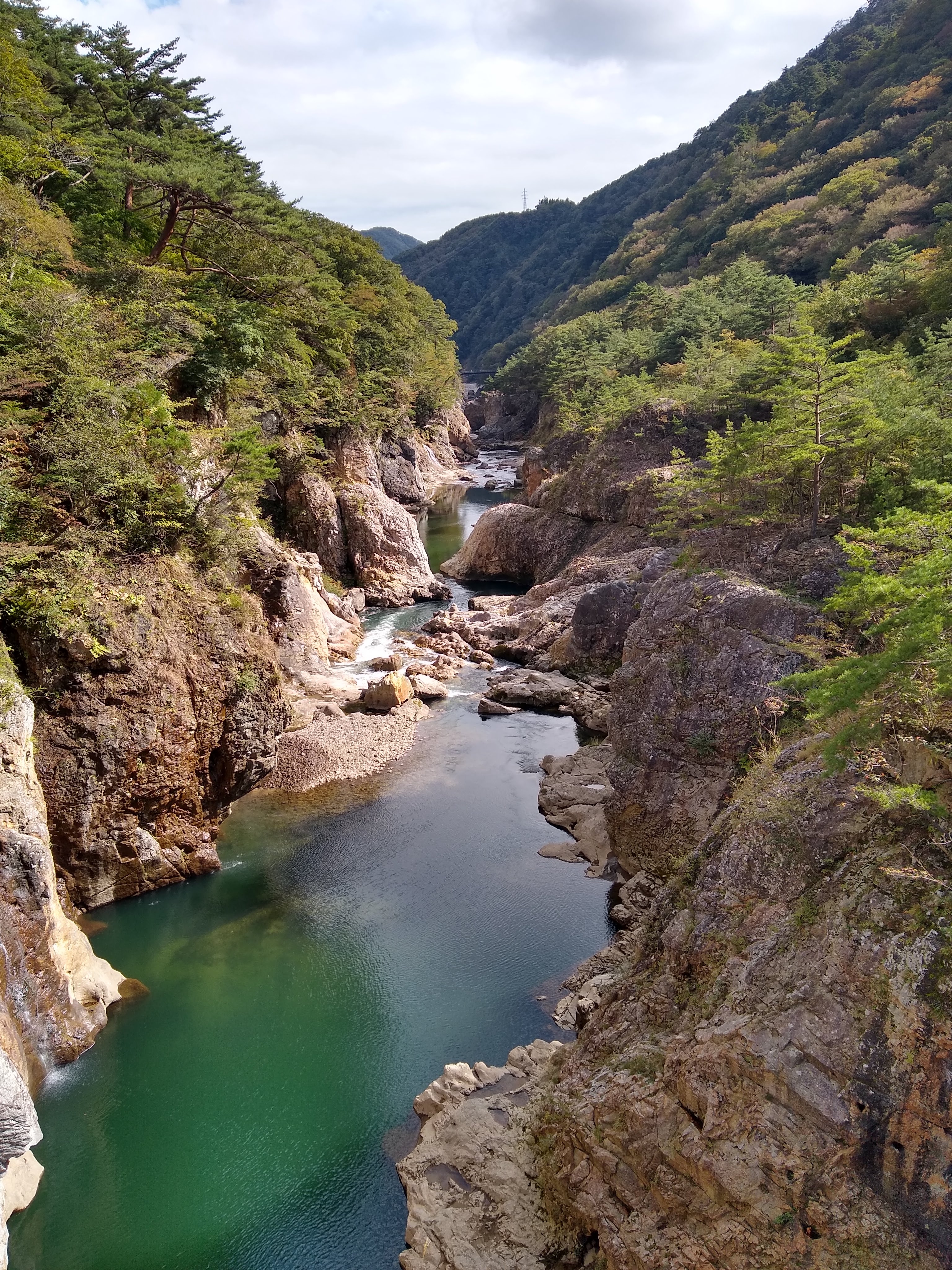 Vertical view down the Ryūōkyō gorge — jade-green pools winding between pine-covered ridges.
